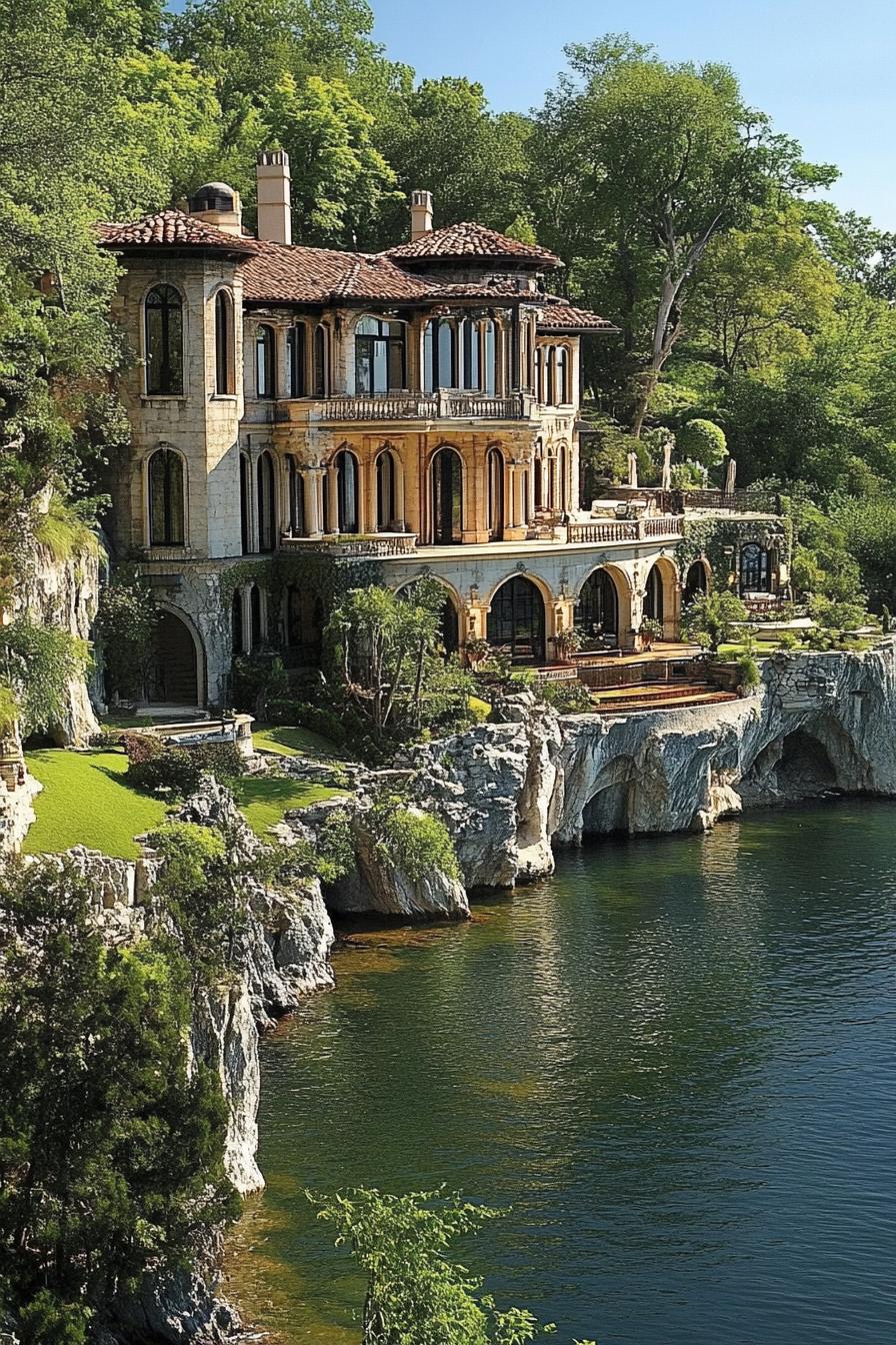 luxury manor mansions hillside lakeside with grotto lounge overlooking stunning lake with lush greenery 3