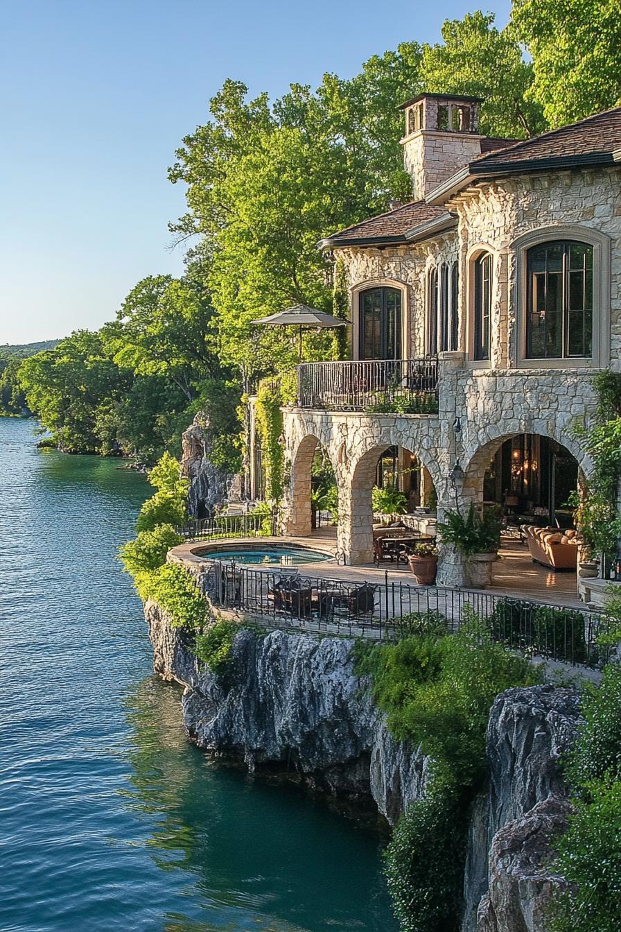 luxury manor mansions hillside lakeside with grotto lounge overlooking stunning lake with lush greenery