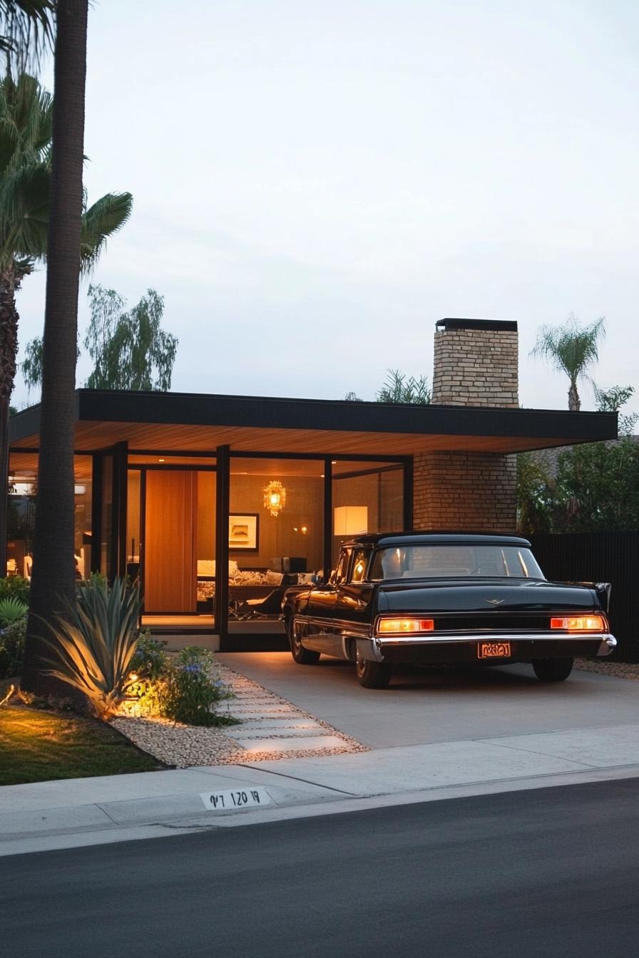 mid century modern 1950s style house facade with carport