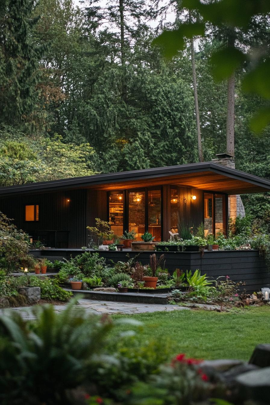 mid century modern cabin facade with integrated planters picturesque green farmlands