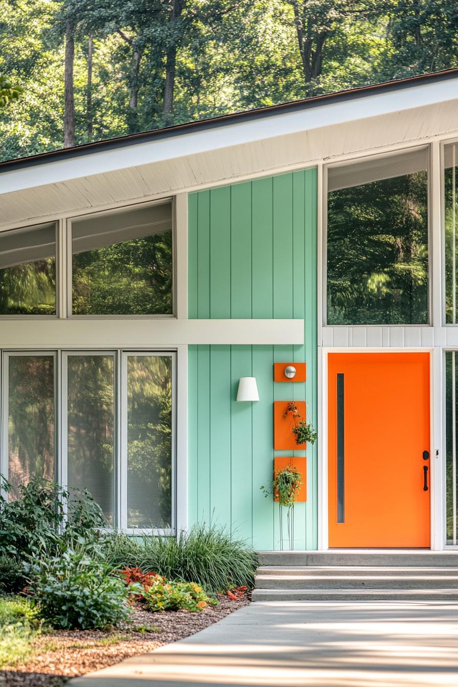 mid century modern house facade in soft mint green and vibrant orange highlights 1