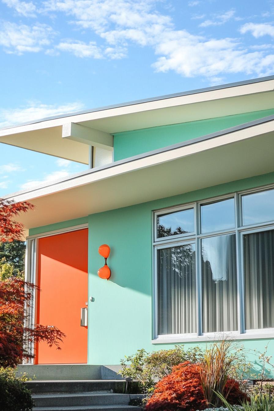 mid century modern house facade in soft mint green and vibrant orange highlights 2