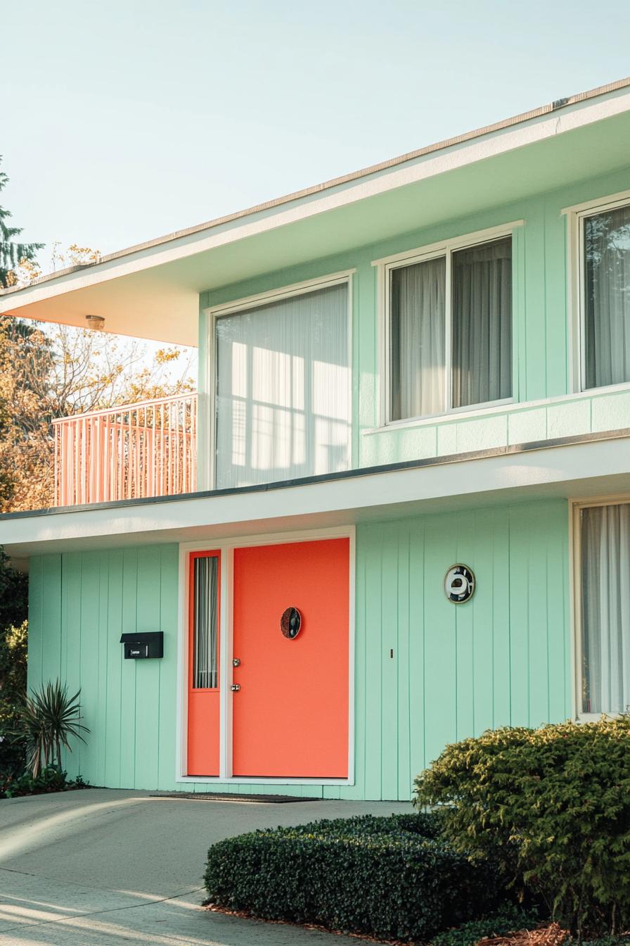 mid century modern house facade in soft mint green and vibrant orange highlights 3