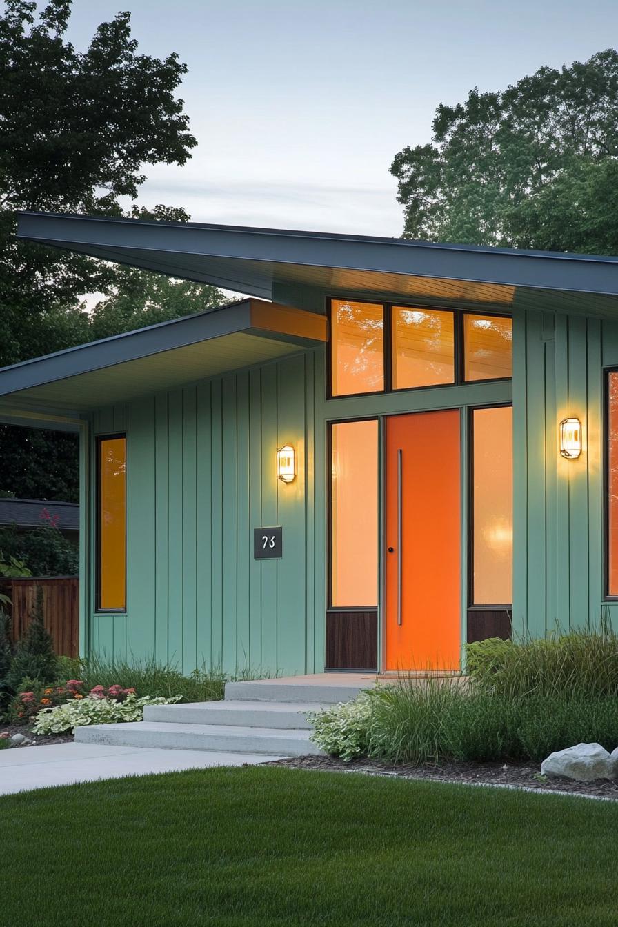 mid century modern house facade in soft mint green and vibrant orange highlights