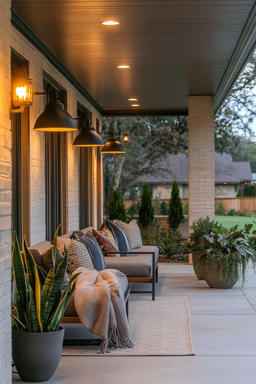 mid century modern house front porch with mid century lighting fixtures and seating draped with throw blanket 1