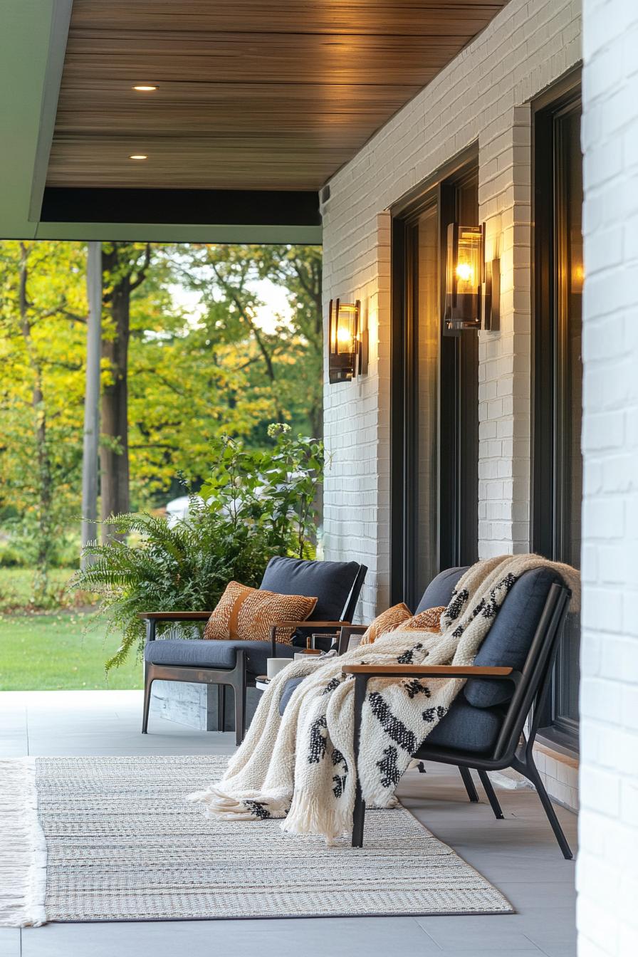 mid century modern house front porch with mid century lighting fixtures and seating draped with throw blanket 2