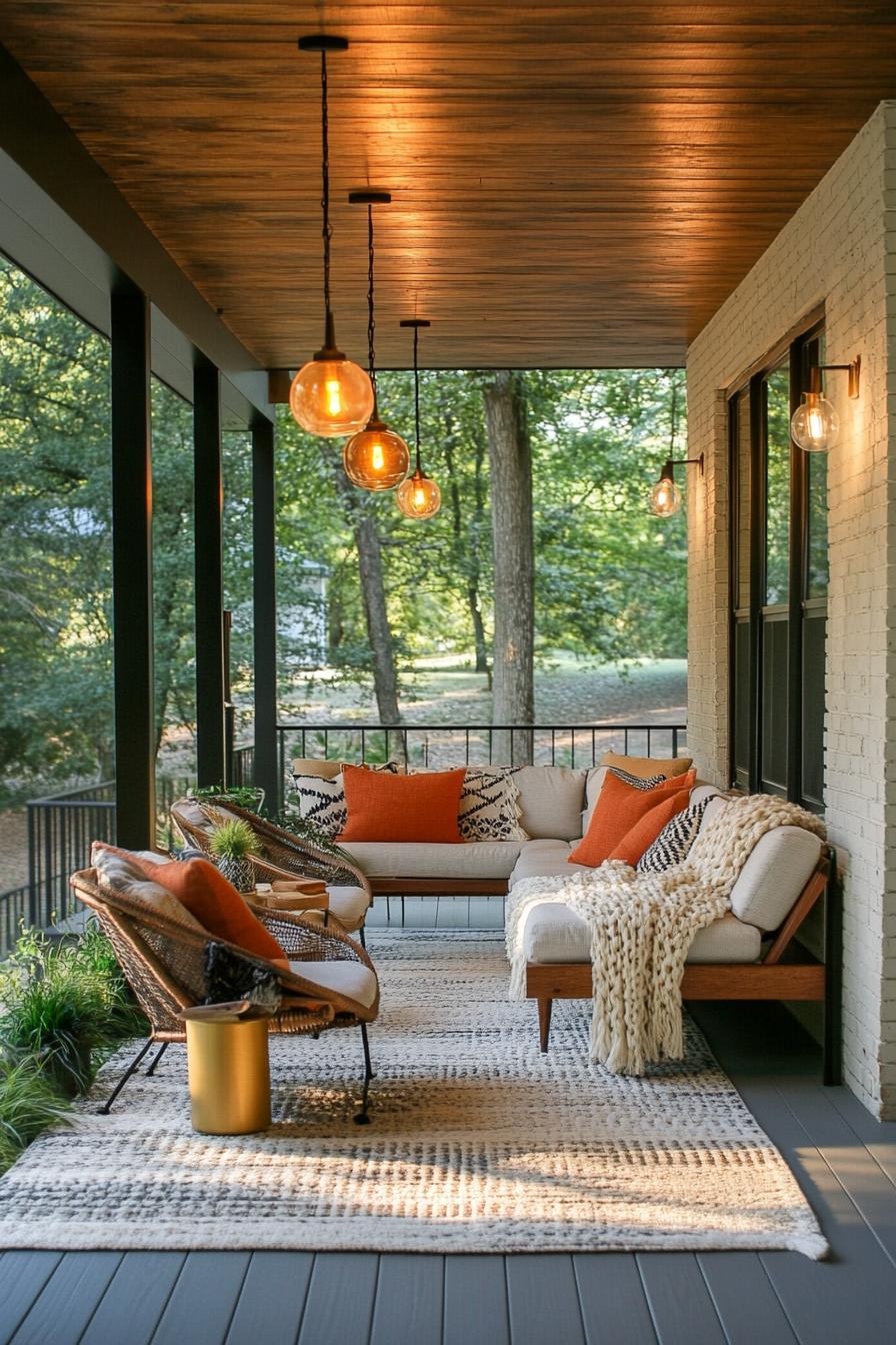 mid century modern house front porch with mid century lighting fixtures and seating draped with throw blanket 3