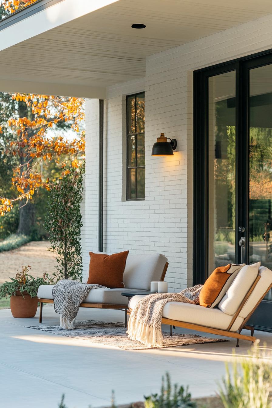 mid century modern house front porch with mid century lighting fixtures and seating draped with throw blanket