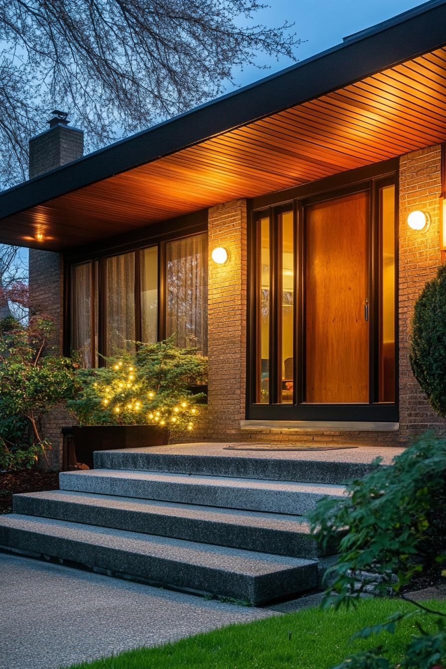 mid century modern house front porch with retro lighting 1