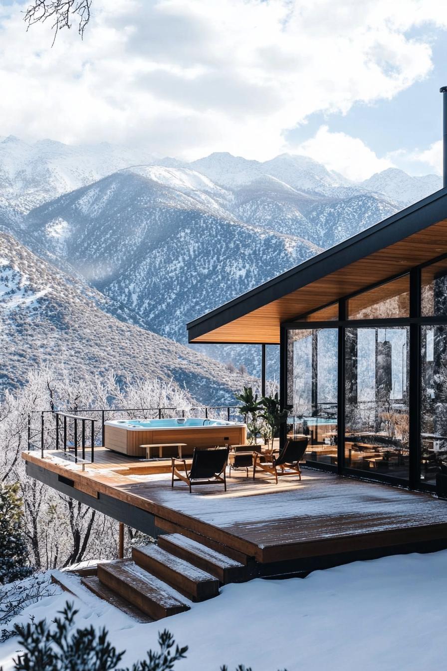 mid century modern mountain lodge with large deck with hot tub stunning snowy mountains in the background 1