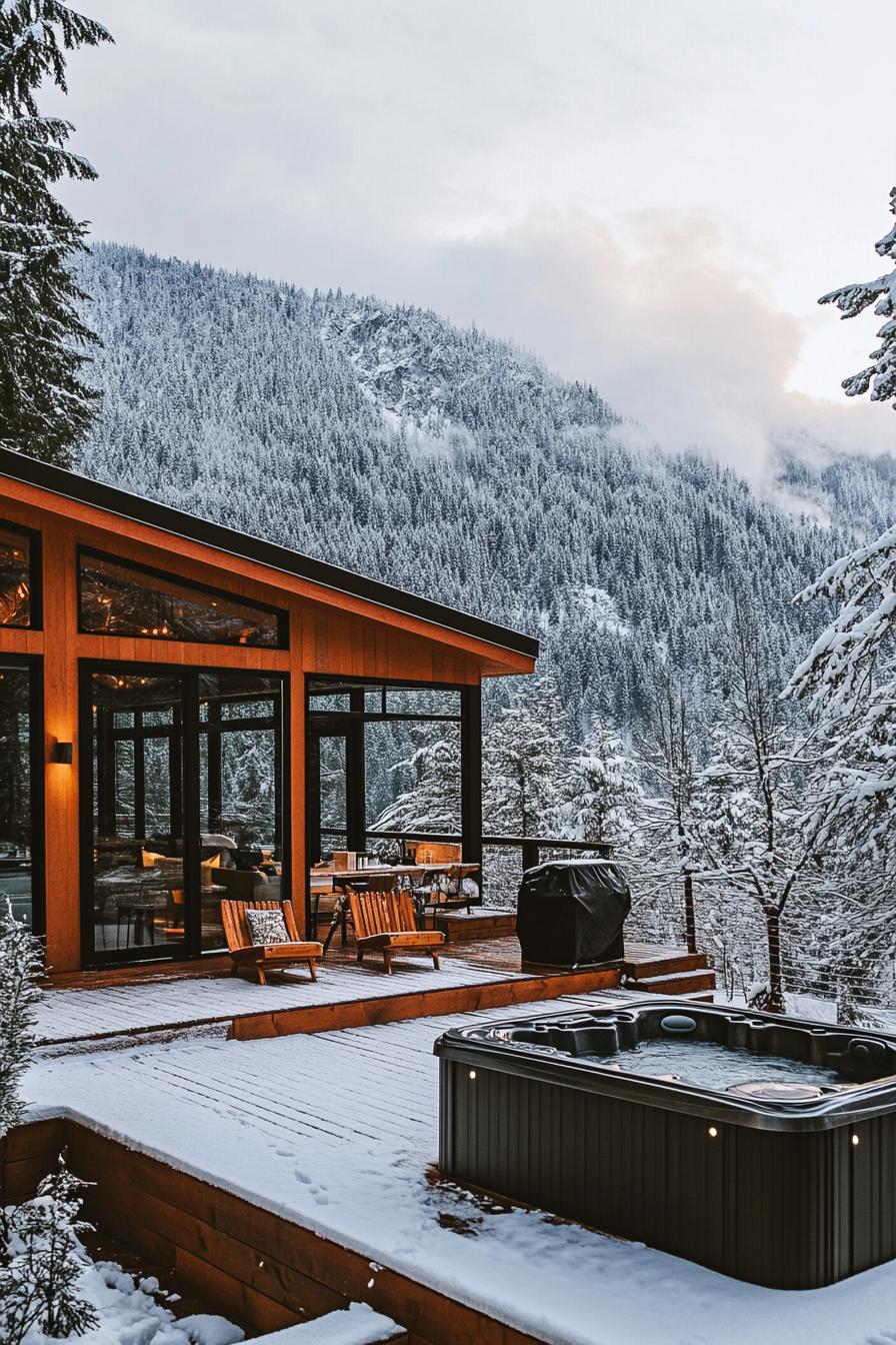 mid century modern mountain lodge with large deck with hot tub stunning snowy mountains in the background 3