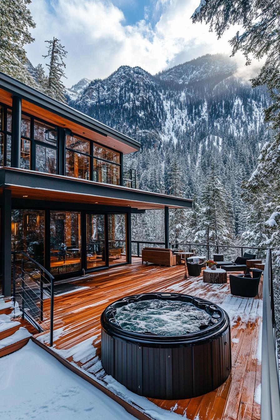 mid century modern mountain lodge with large deck with hot tub stunning snowy mountains in the background