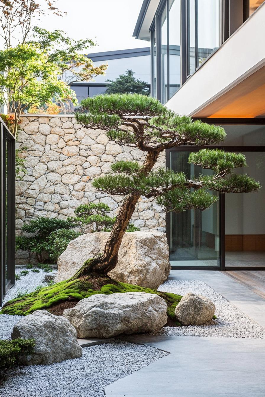 moder minimalist house courtyard with bonsai and rock garden 3