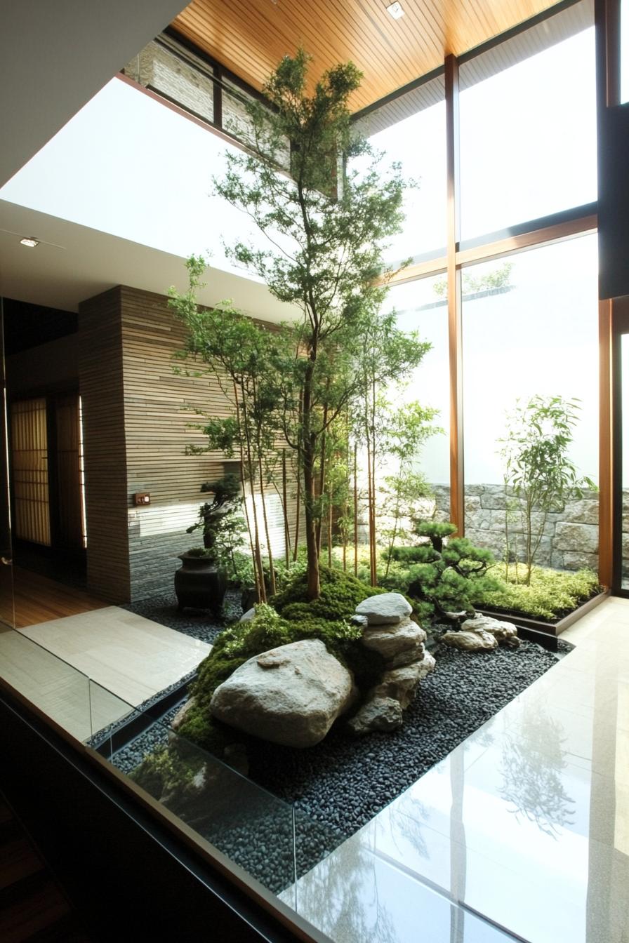 moder minimalist house courtyard with bonsai and rock garden