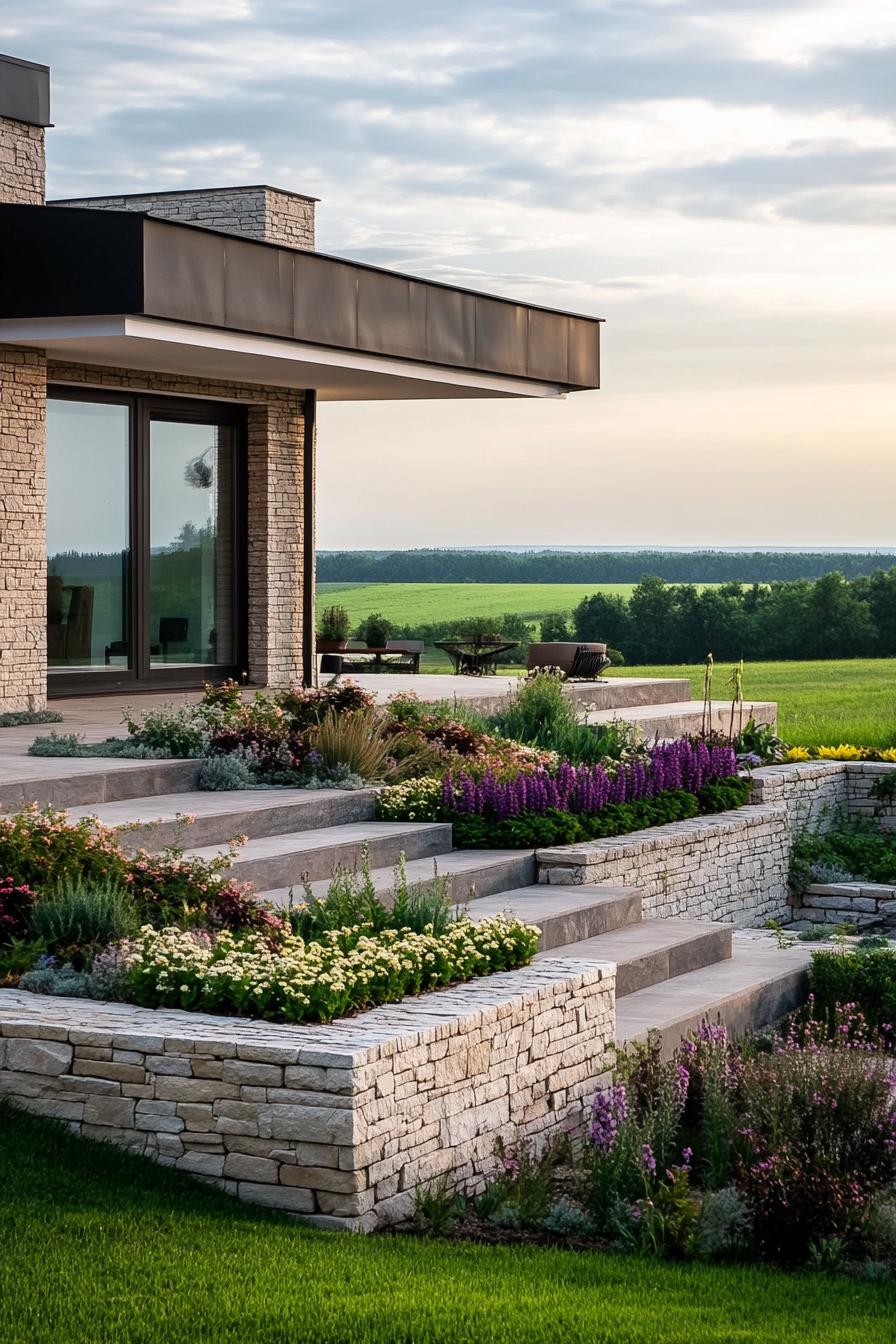 modern 70s style house front yart with stacked stone flower beds in summer stunning green fields in the background 1