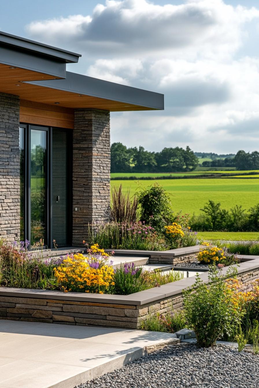 modern 70s style house front yart with stacked stone flower beds in summer stunning green fields in the background 2