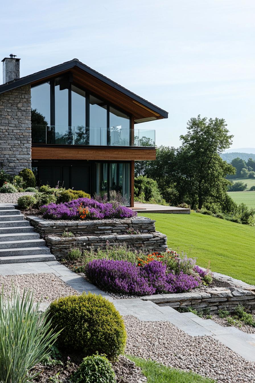 modern 70s style house front yart with stacked stone flower beds in summer stunning green fields in the background 3