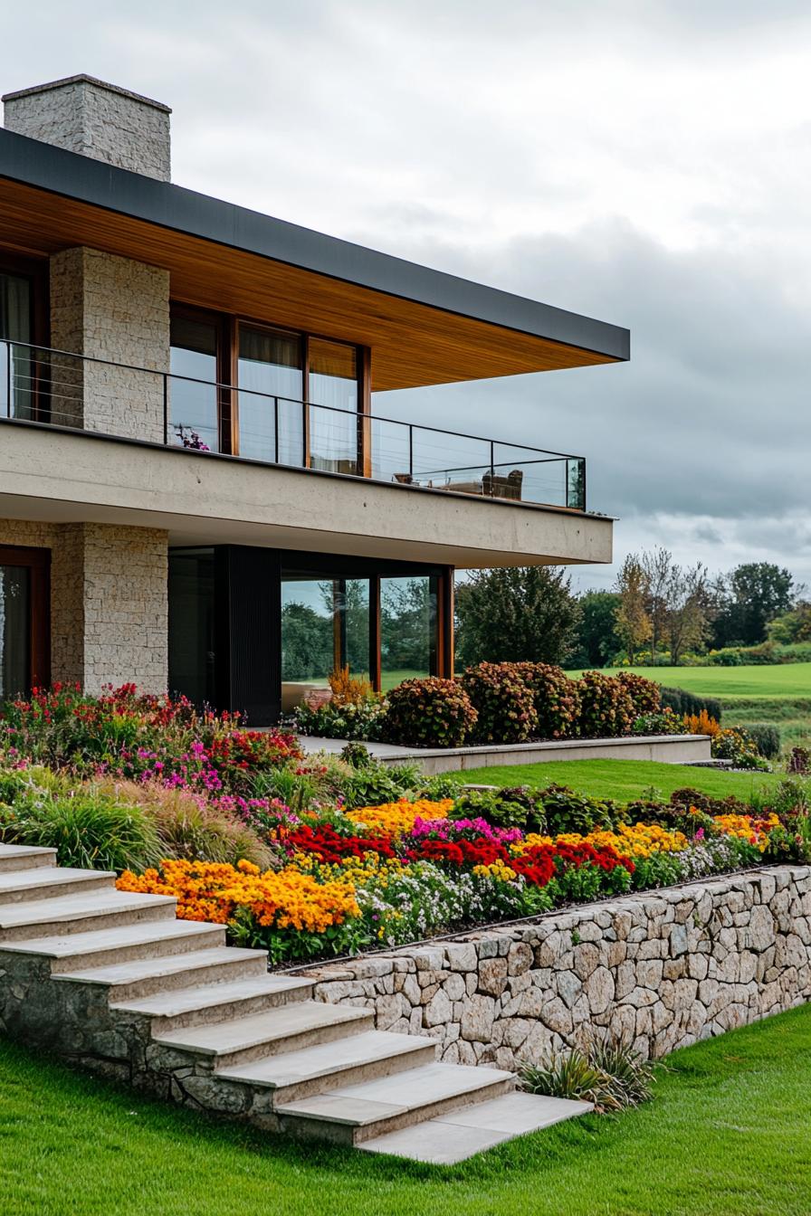 modern 70s style house front yart with stacked stone flower beds in summer stunning green fields in the background