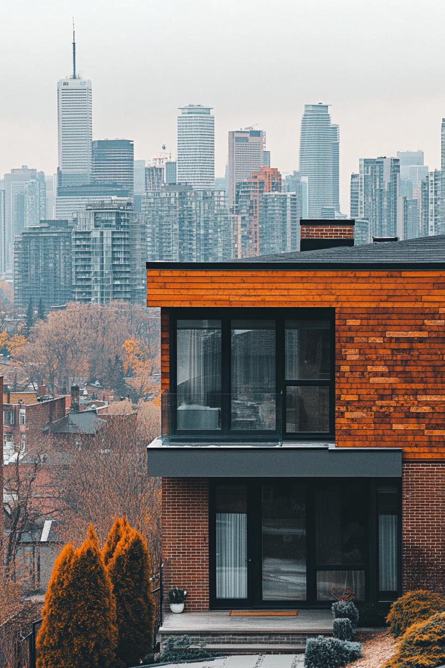 modern 90s style home facade with vintage brickwork accents city skyline in the background 1