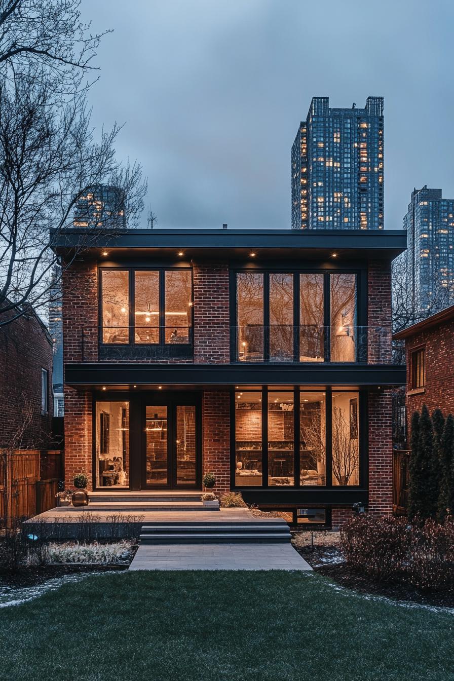 modern 90s style home facade with vintage brickwork accents city skyline in the background 2