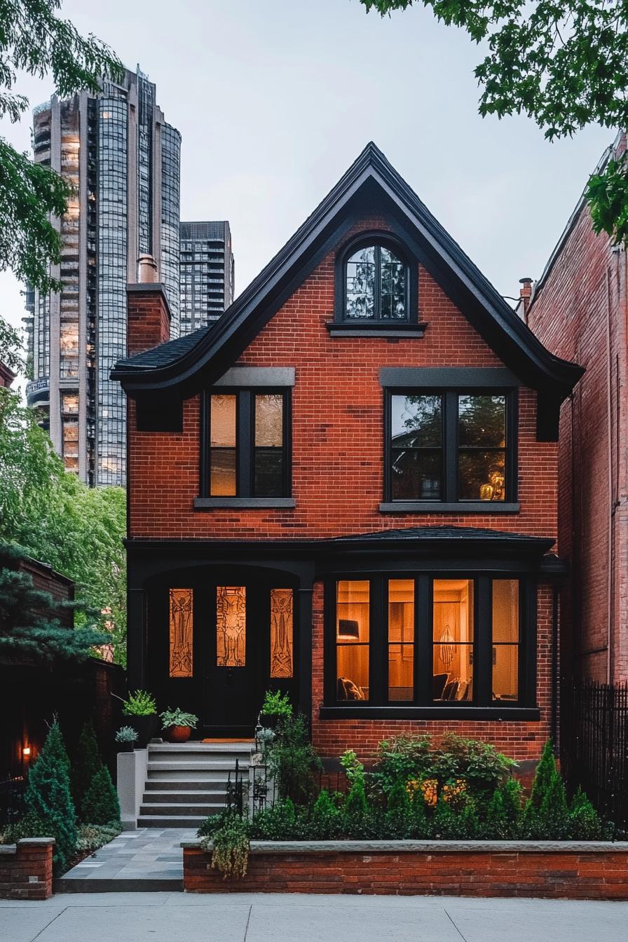 modern 90s style home facade with vintage brickwork accents city skyline in the background 3