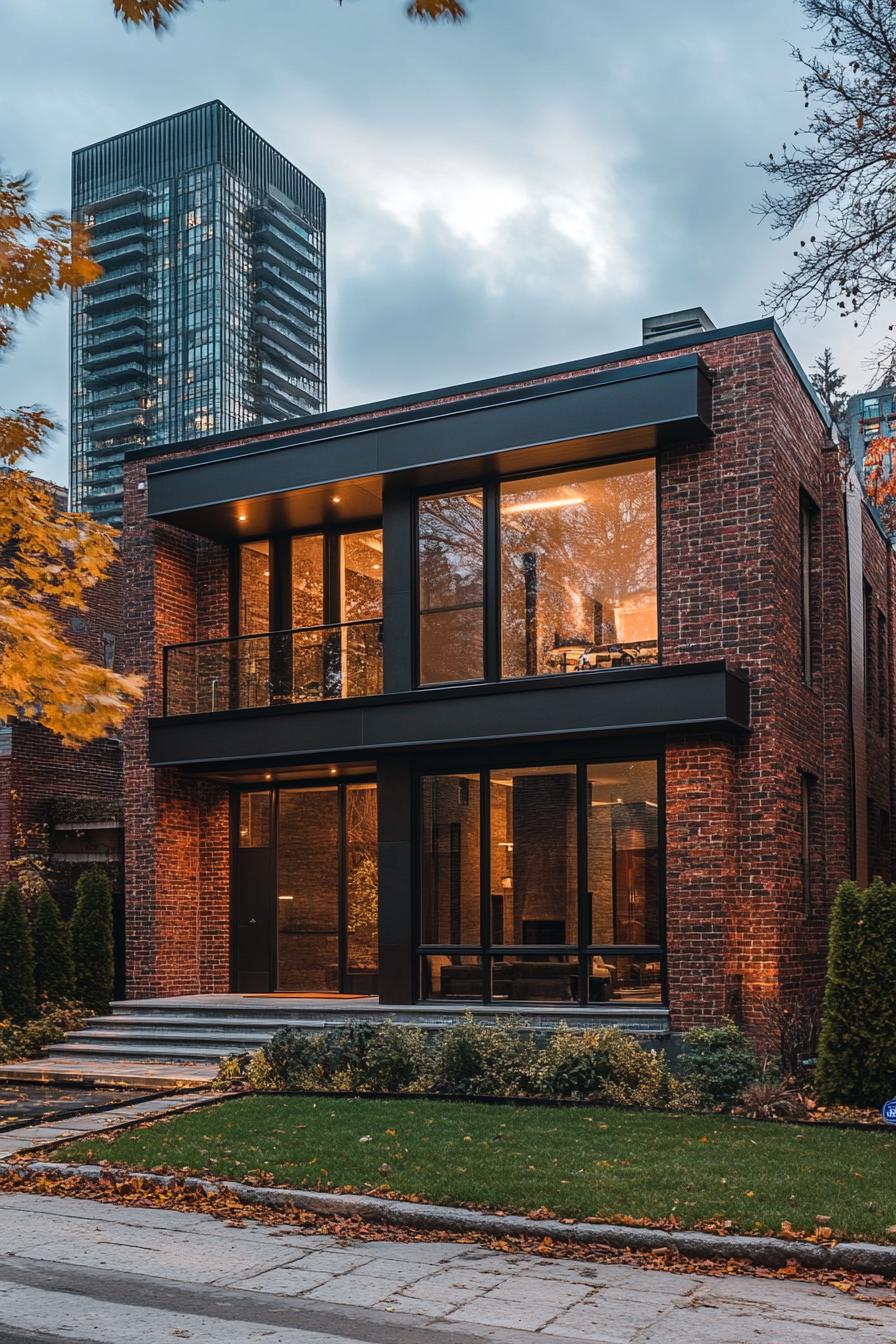 modern 90s style home facade with vintage brickwork accents city skyline in the background