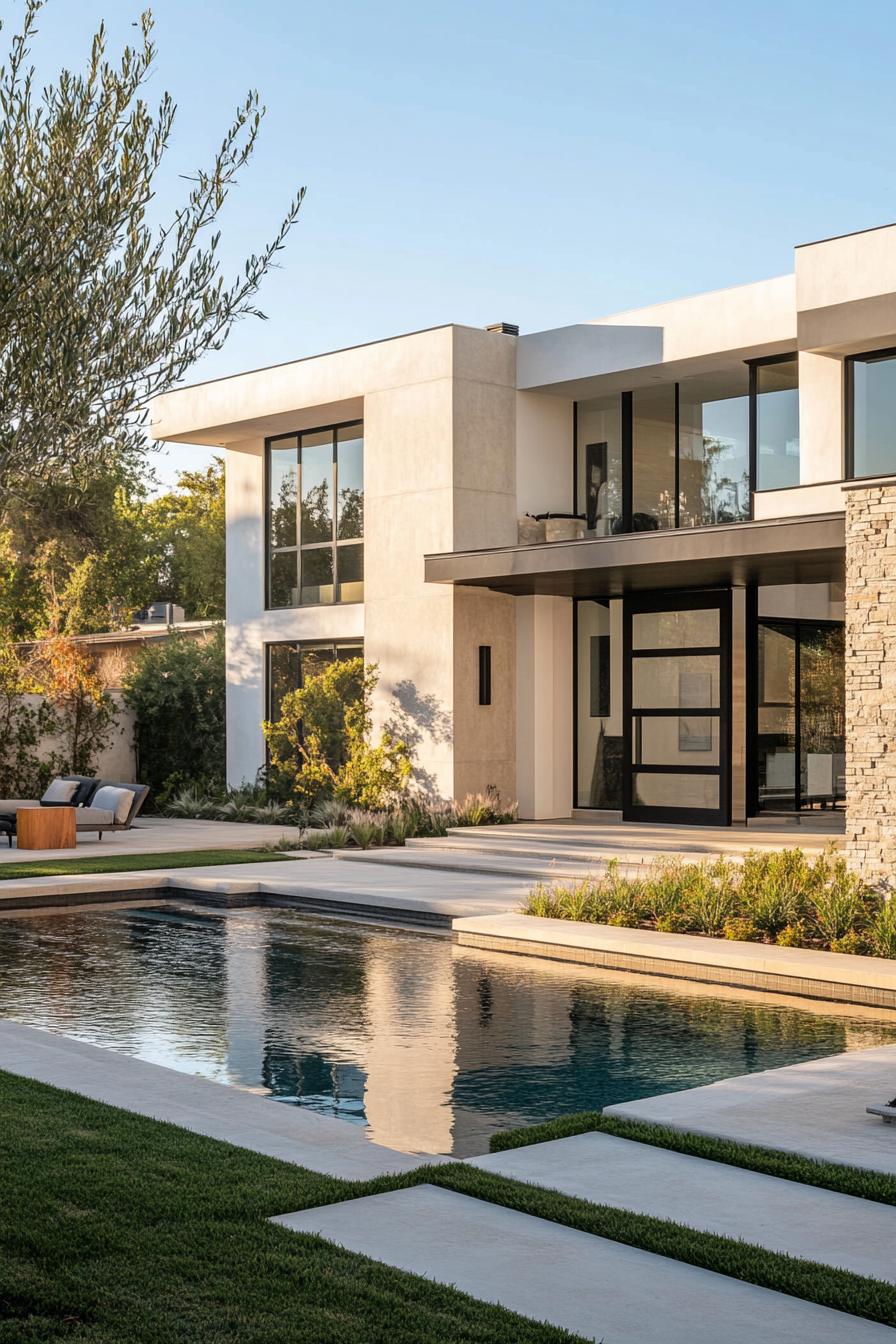 modern Californian house geometric modern facade with large entry door yard with pool 1