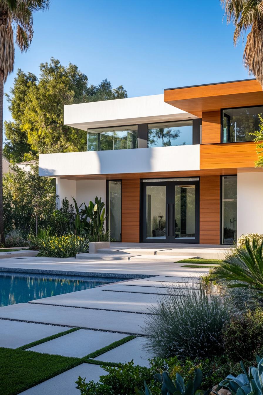 modern Californian house geometric modern facade with large entry door yard with pool 2