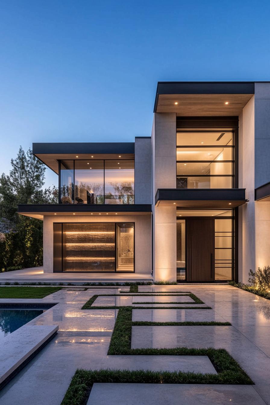 modern Californian house geometric modern facade with large entry door yard with pool 3