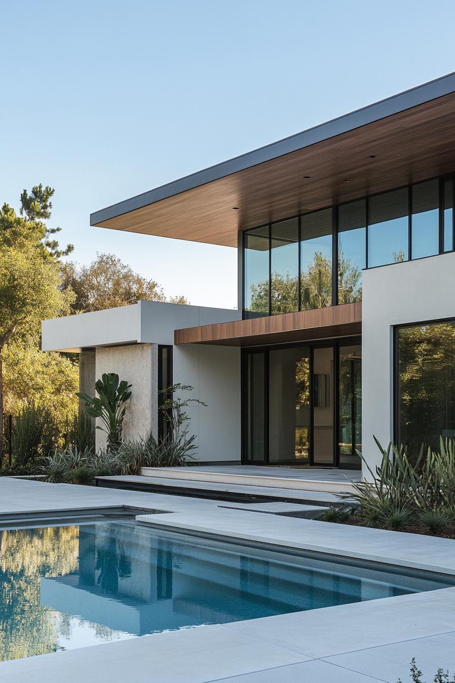 modern Californian house geometric modern facade with large entry door yard with pool