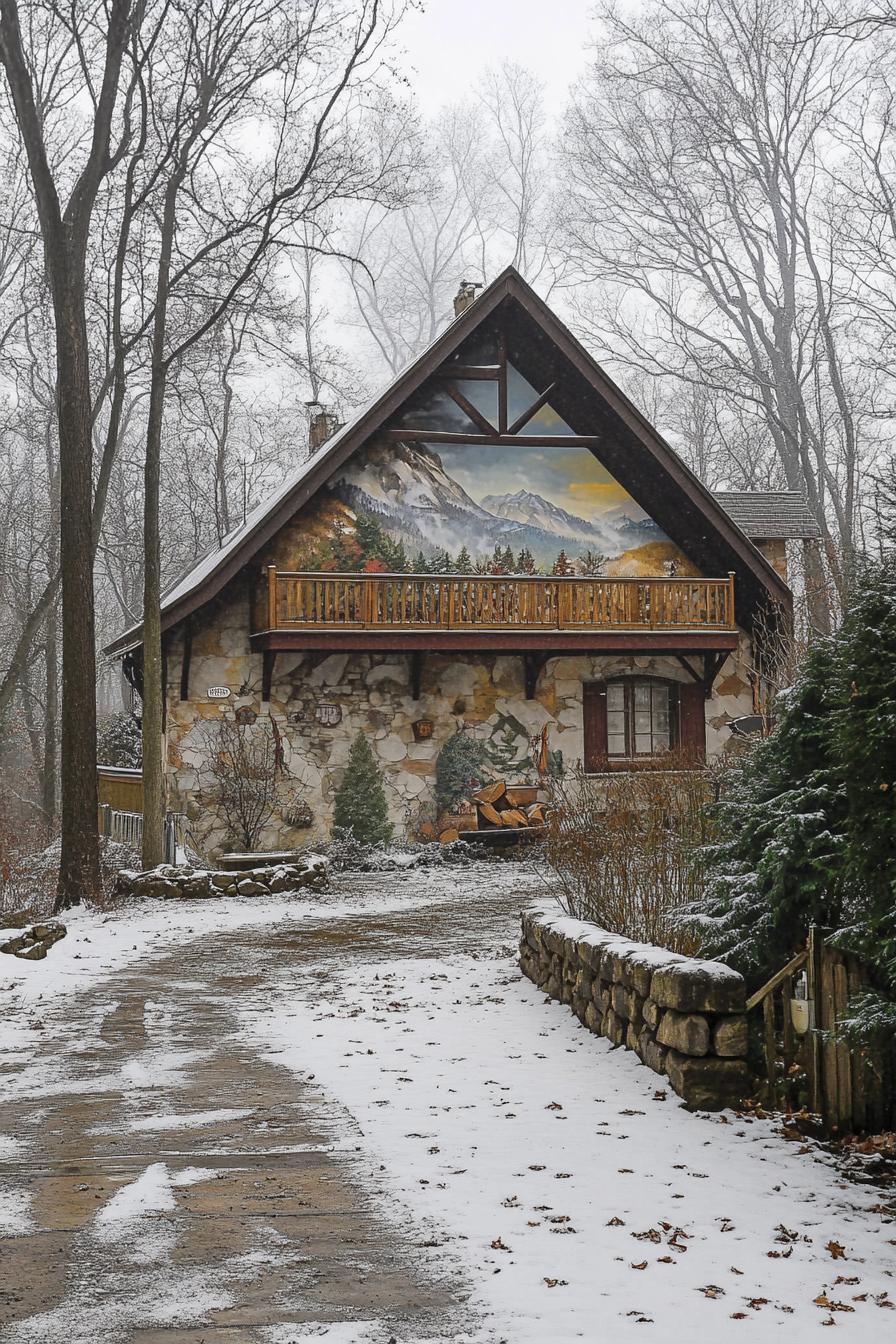 modern French chalet house facade accent wall with colored Alpine mural painting yard surrounded by leafless trees misty weather 1