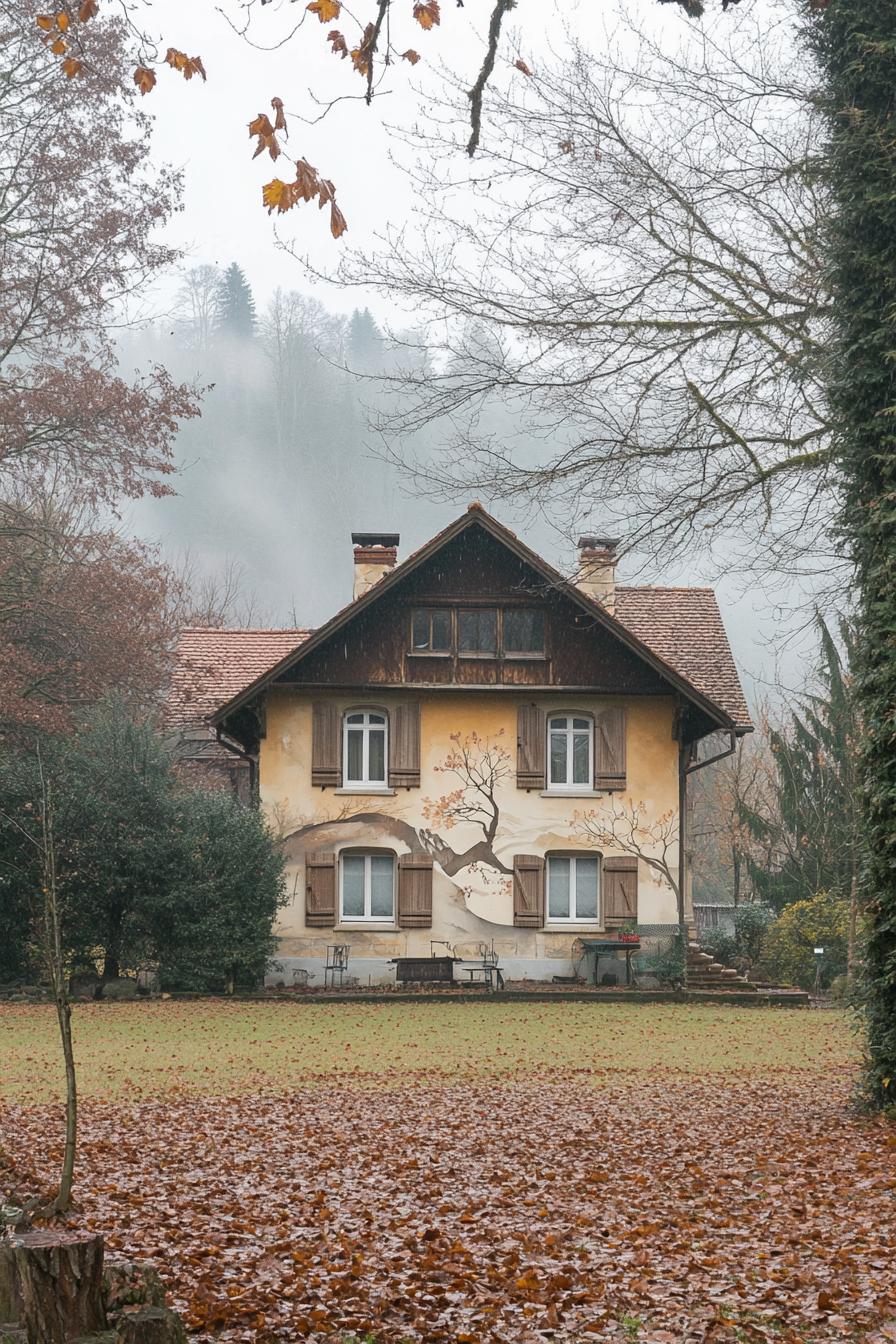 modern French chalet house facade accent wall with colored Alpine mural painting yard surrounded by leafless trees misty weather 2