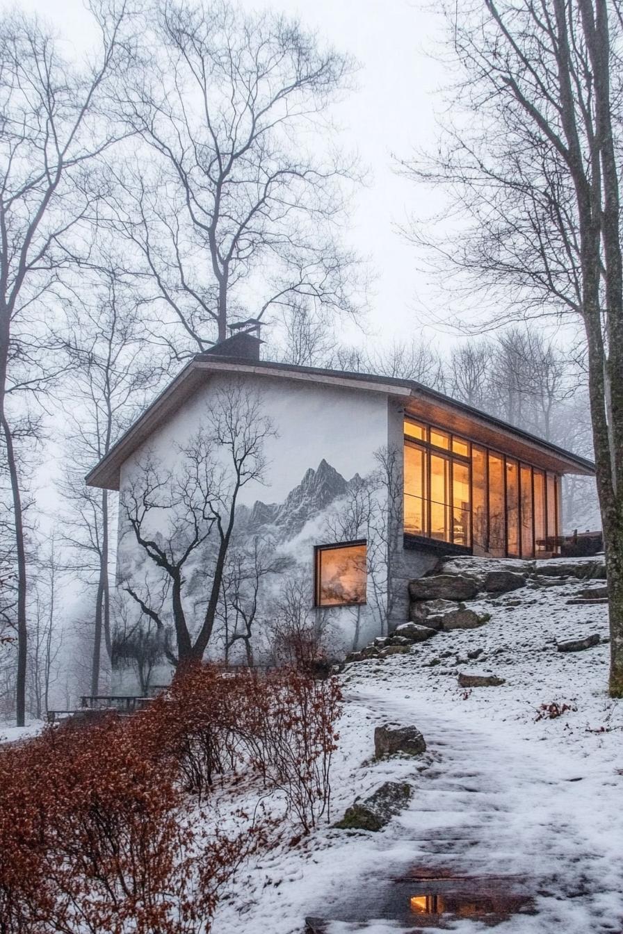 modern French chalet house facade accent wall with colored Alpine mural painting yard surrounded by leafless trees misty weather 3