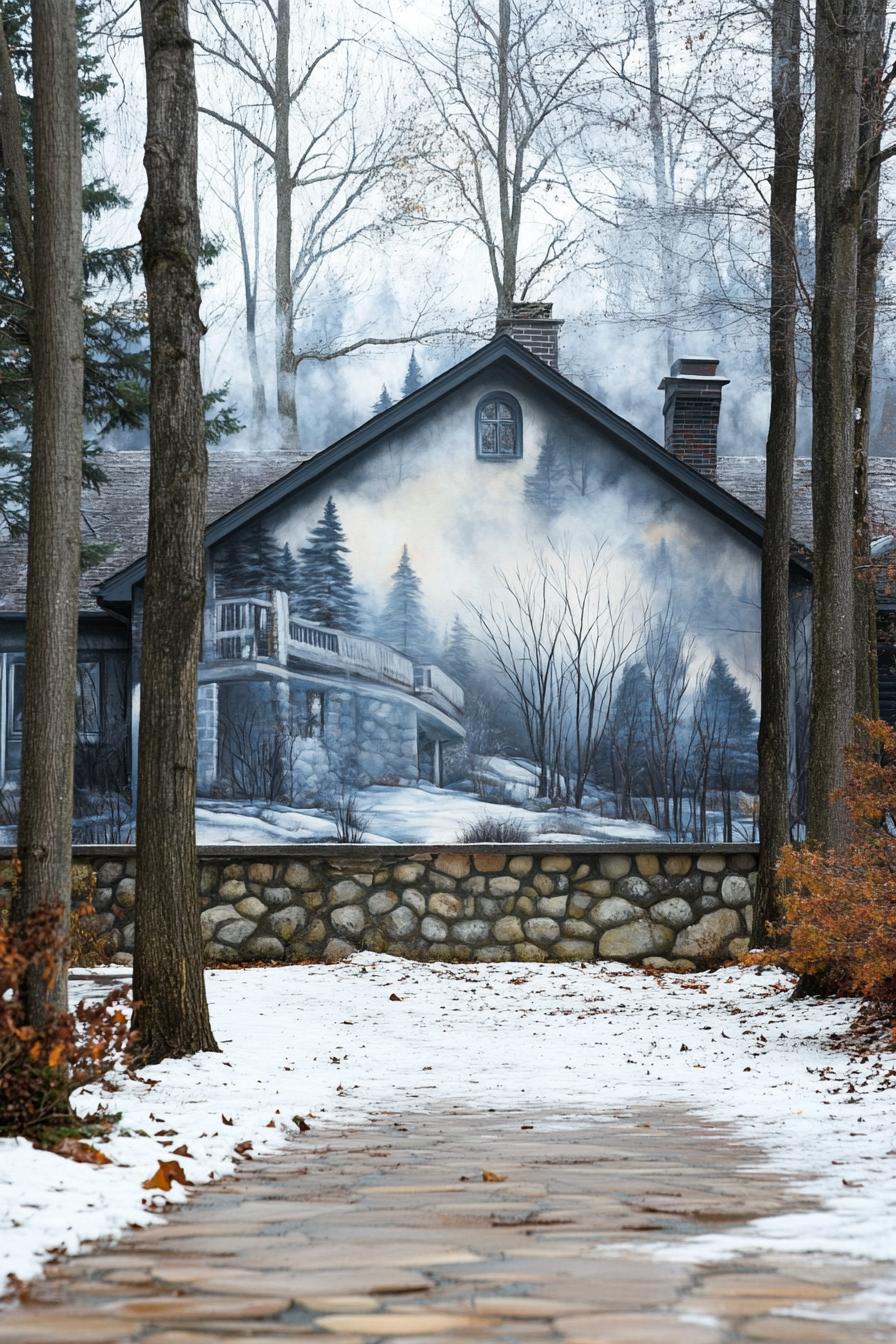 modern French chalet house facade accent wall with colored Alpine mural painting yard surrounded by leafless trees misty weather