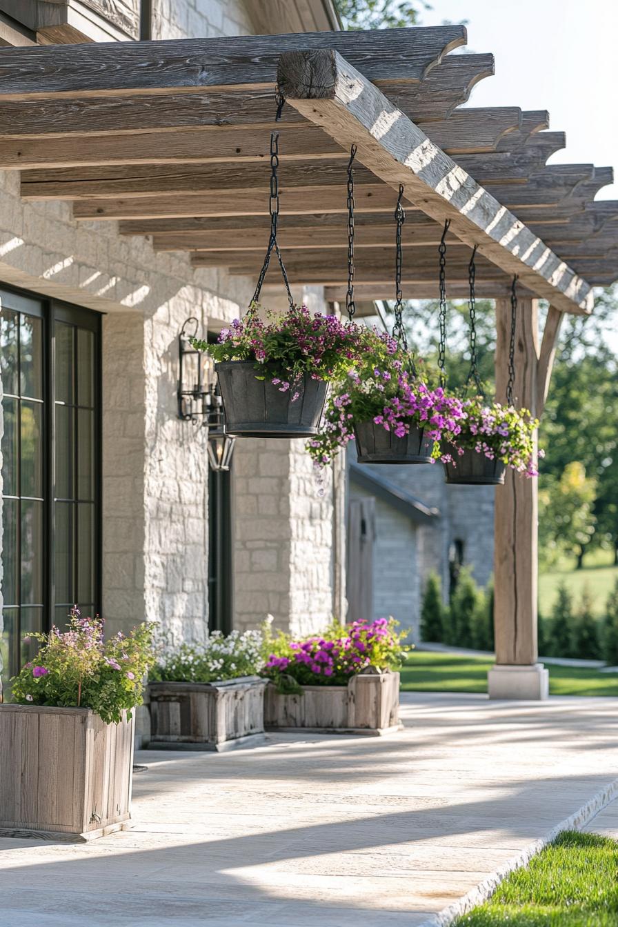 modern French country house front porch pergola with weathered wood and hanging flower planters 1