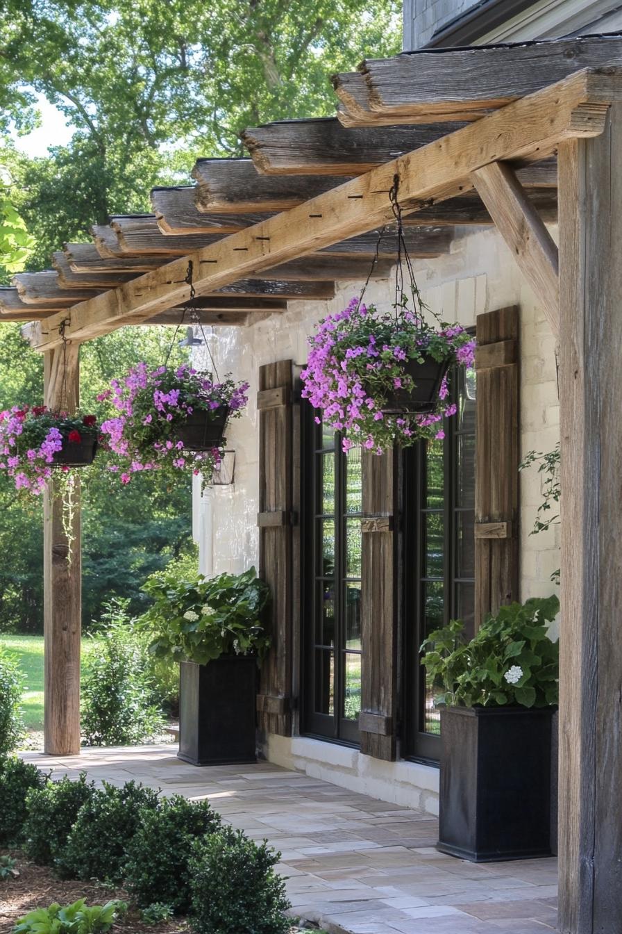 modern French country house front porch pergola with weathered wood and hanging flower planters 2