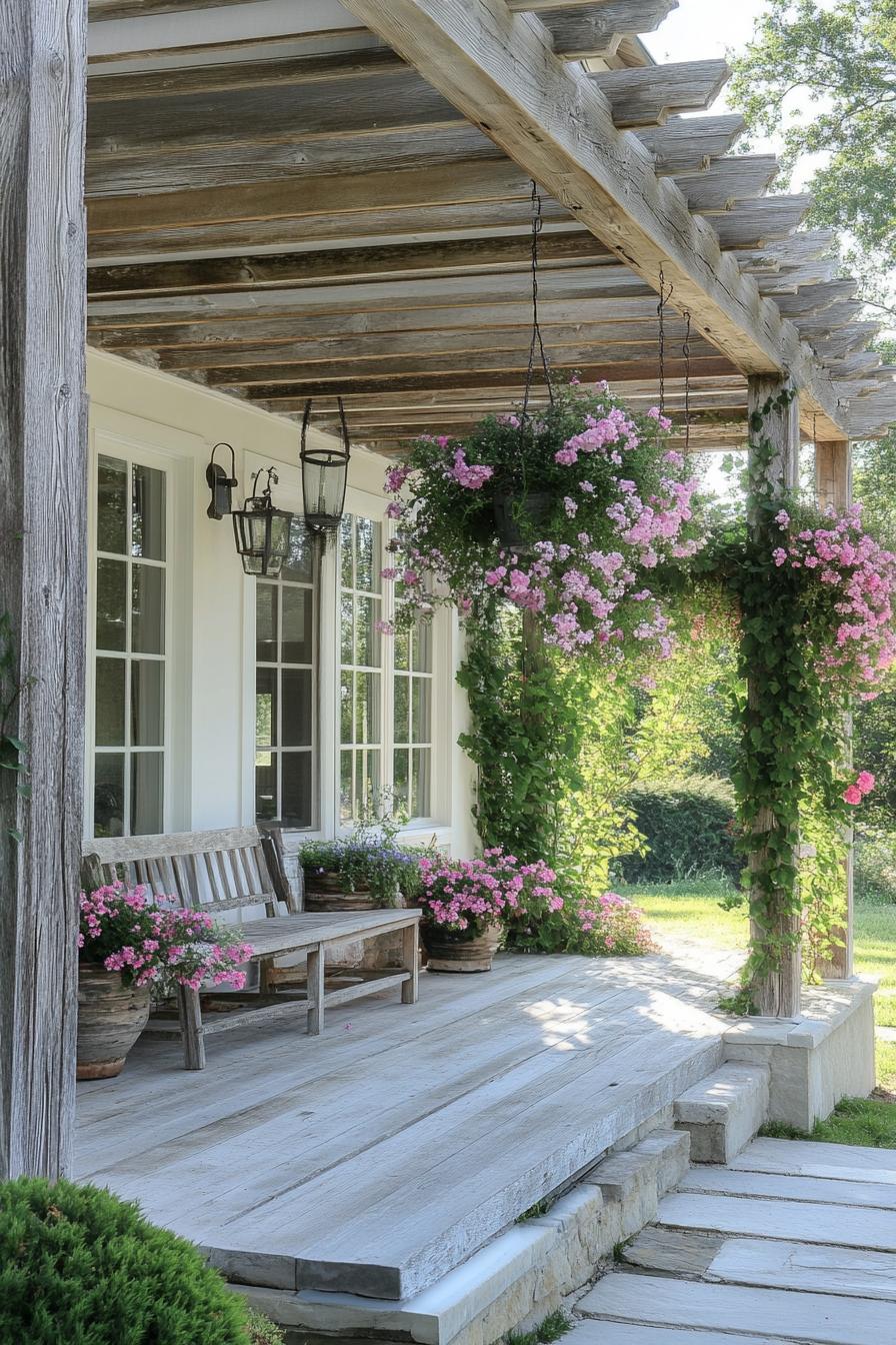 modern French country house front porch pergola with weathered wood and hanging flower planters 3