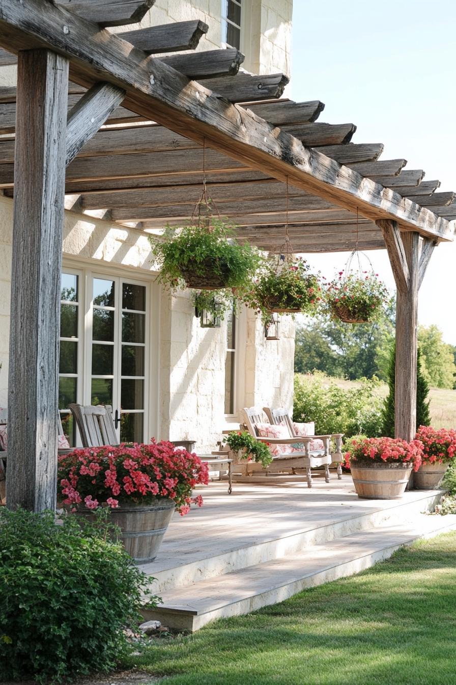 modern French country house front porch pergola with weathered wood and hanging flower planters