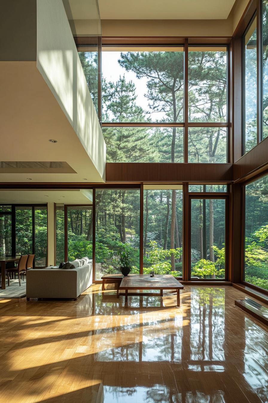 modern Korean home open floor interior floor to ceiling windows with lush forest views 1