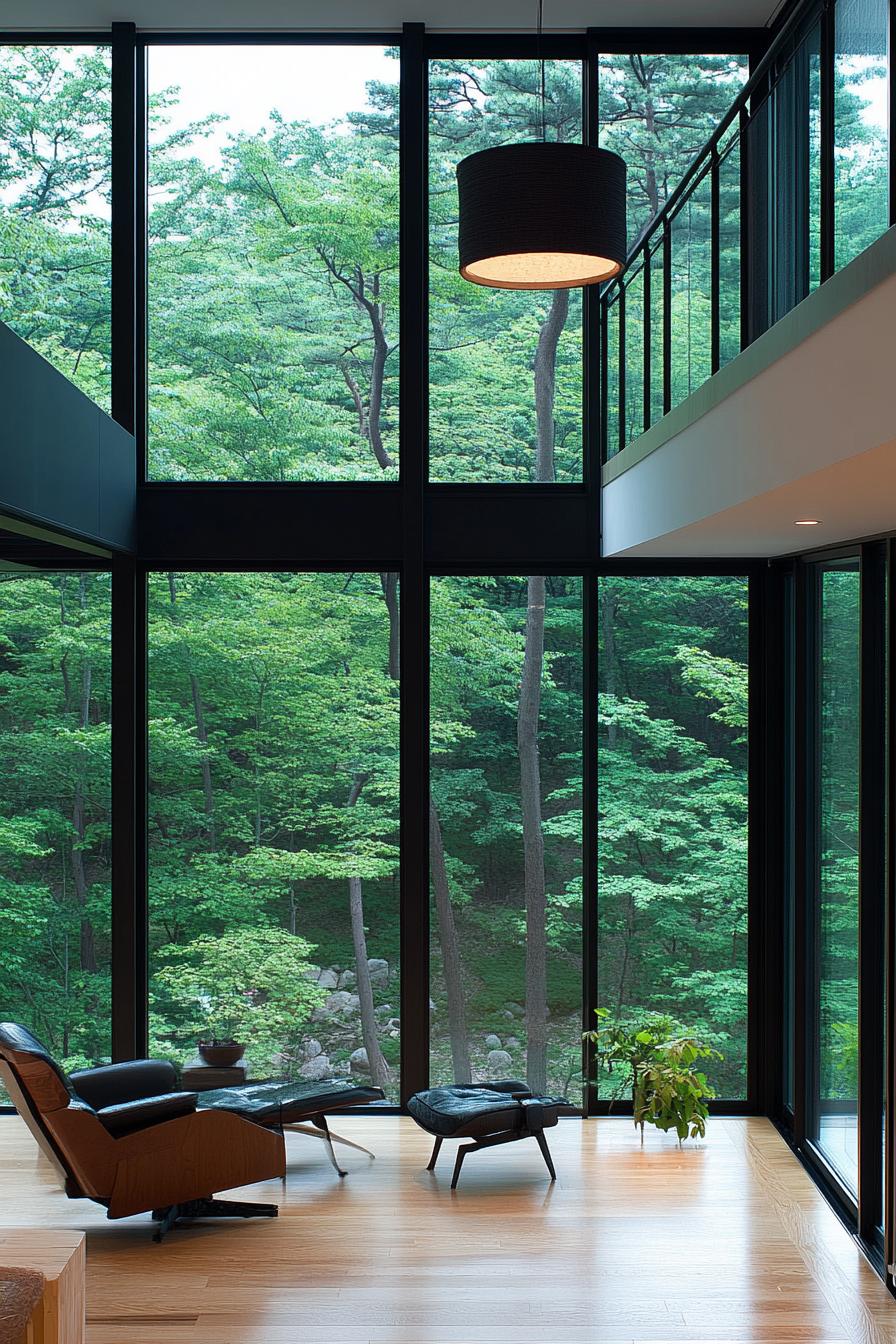 modern Korean home open floor interior floor to ceiling windows with lush forest views 3