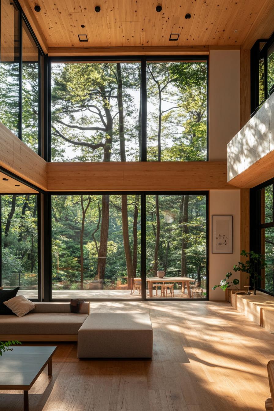 modern Korean home open floor interior floor to ceiling windows with lush forest views