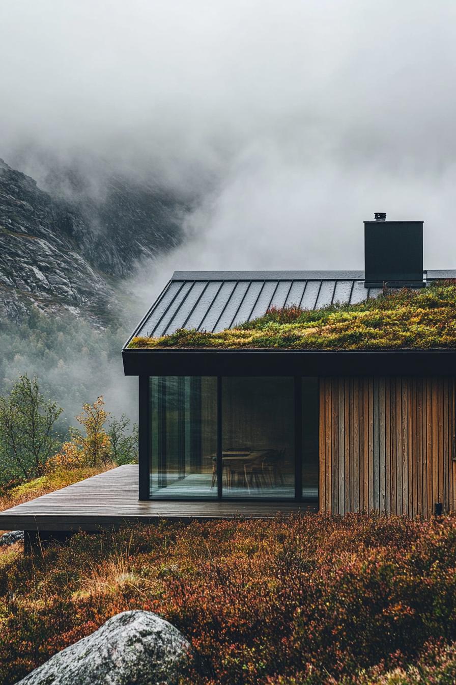 modern Scandinavian house facade with zinc roof and green living roof sections in misty Scandinavian mountains 1