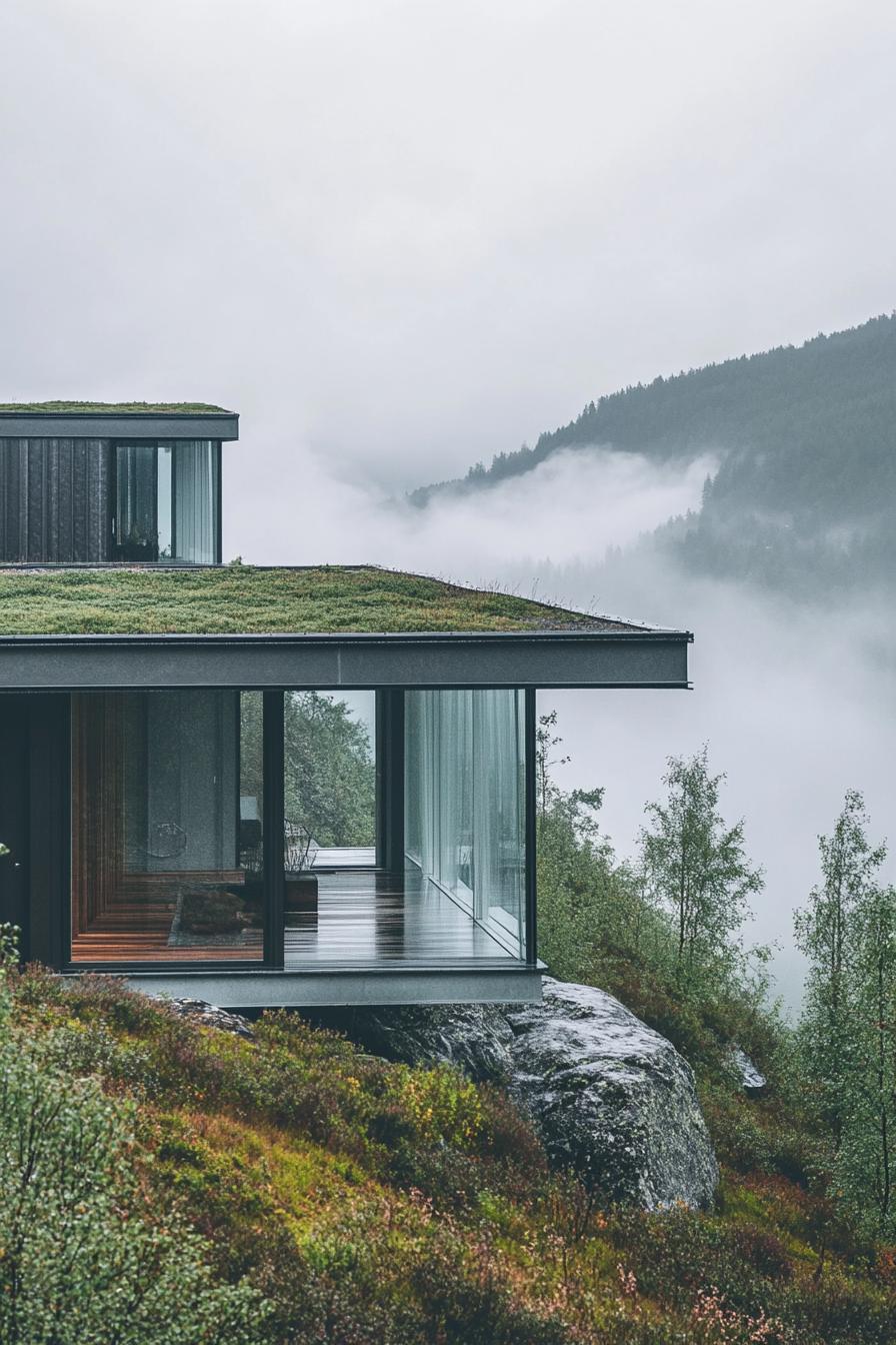 modern Scandinavian house facade with zinc roof and green living roof sections in misty Scandinavian mountains 2