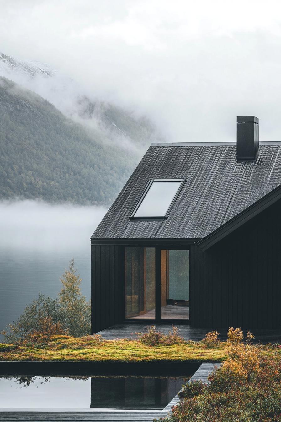 modern Scandinavian house facade with zinc roof and green living roof sections in misty Scandinavian mountains 3