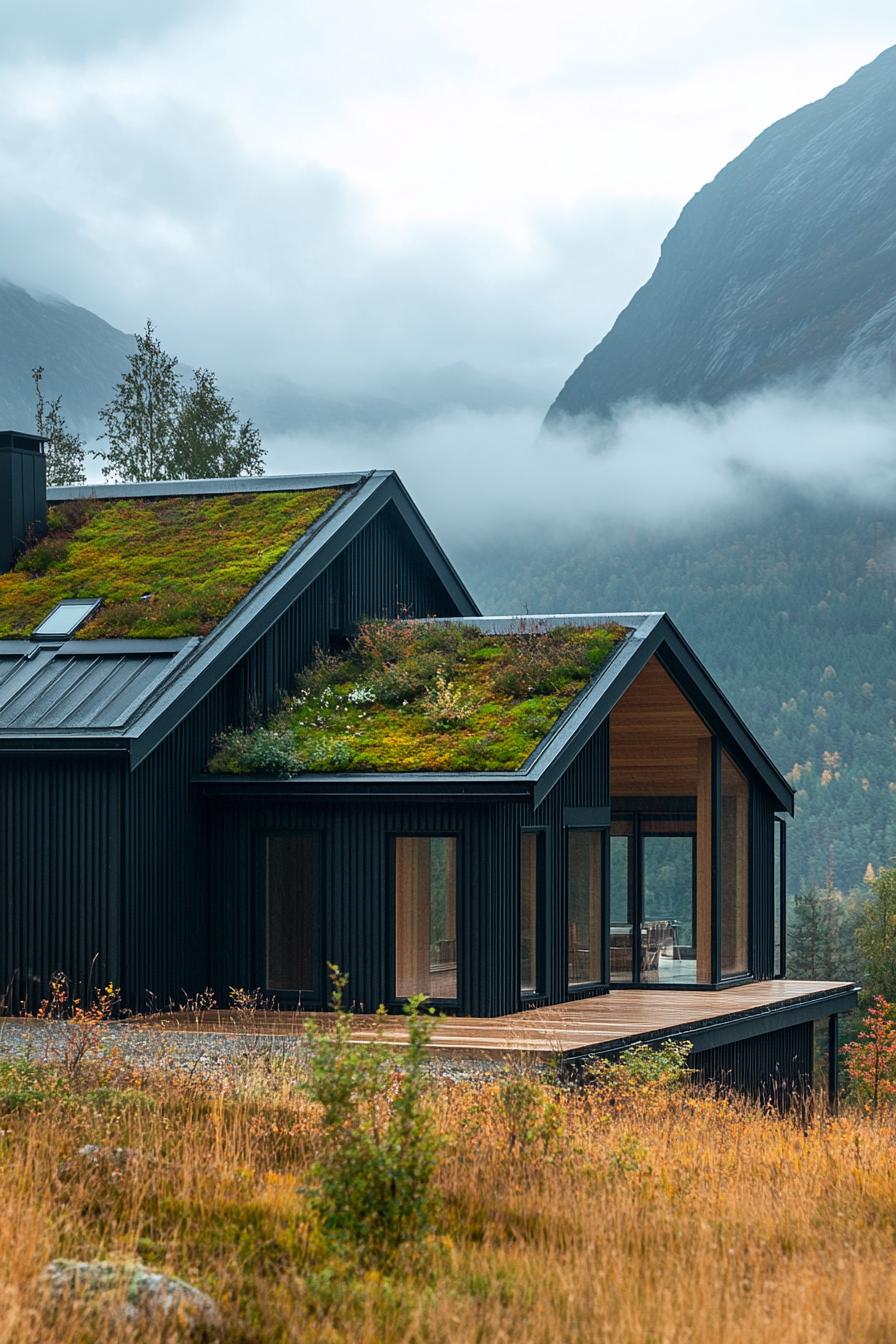 modern Scandinavian house facade with zinc roof and green living roof sections in misty Scandinavian mountains