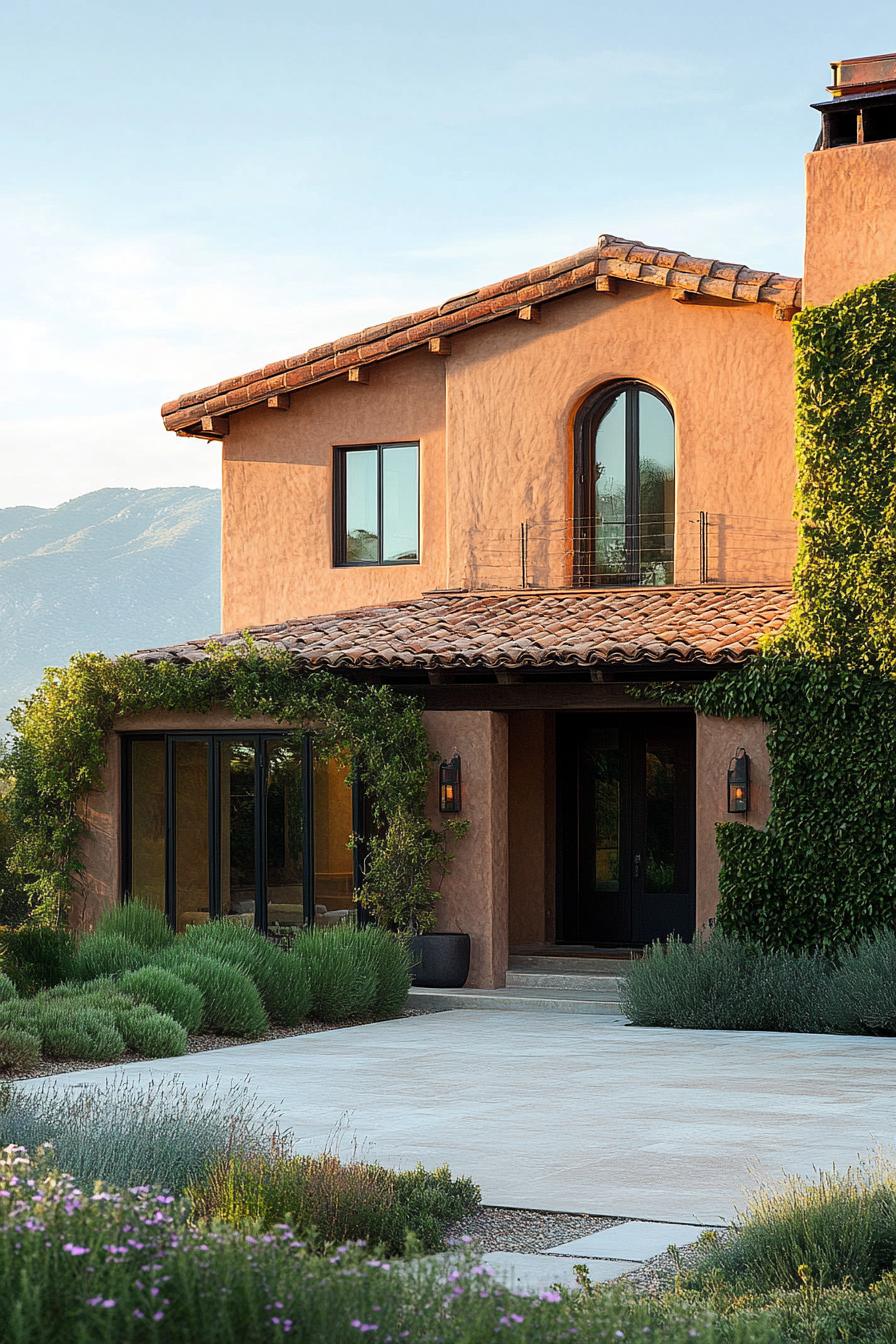 modern Tuscan house with earth toned exterior and climbing vines