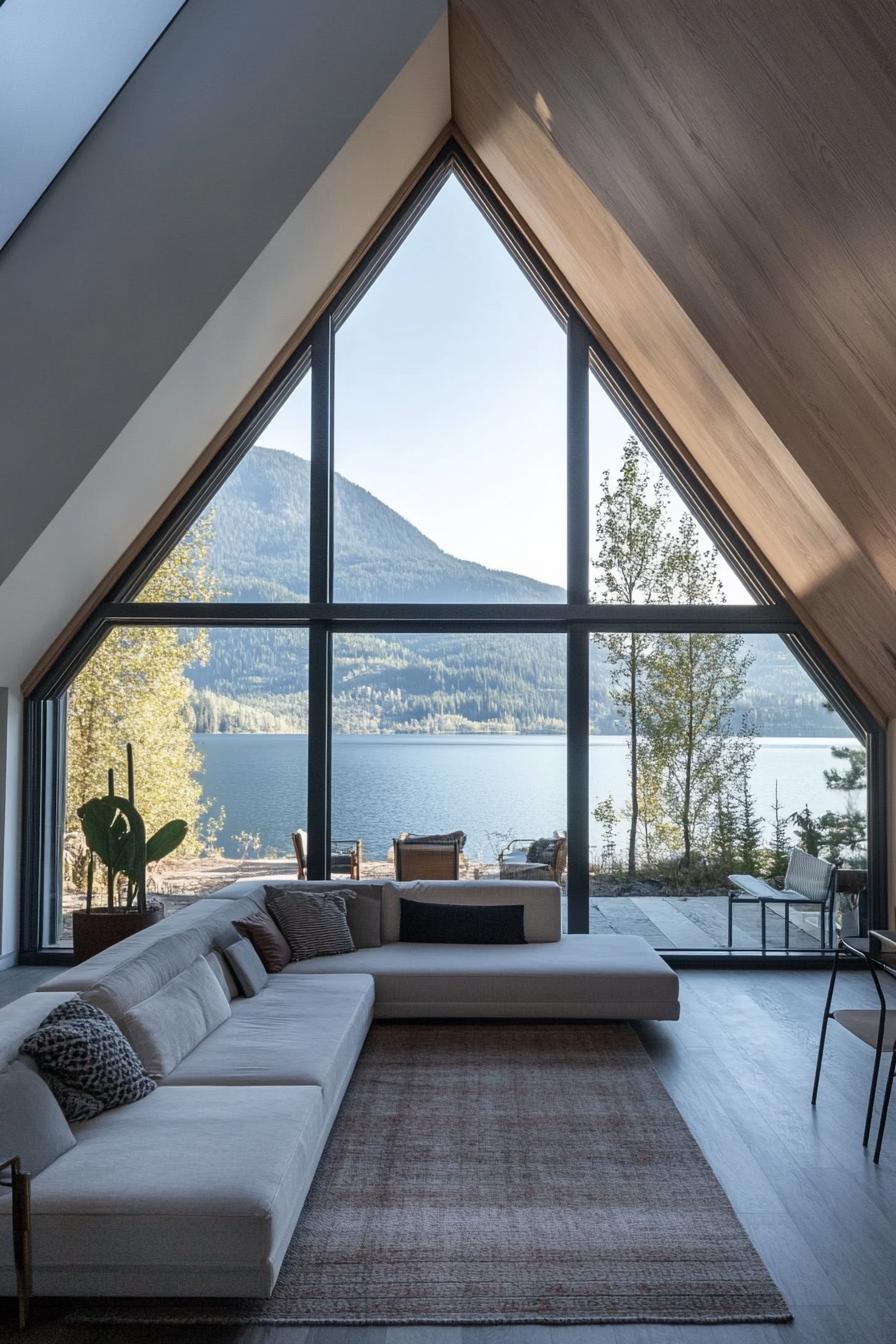 modern a frame house with full wall windows and mountain lake views 2