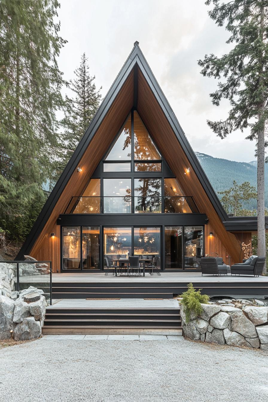 modern a frame house with full wall windows and mountain lake views