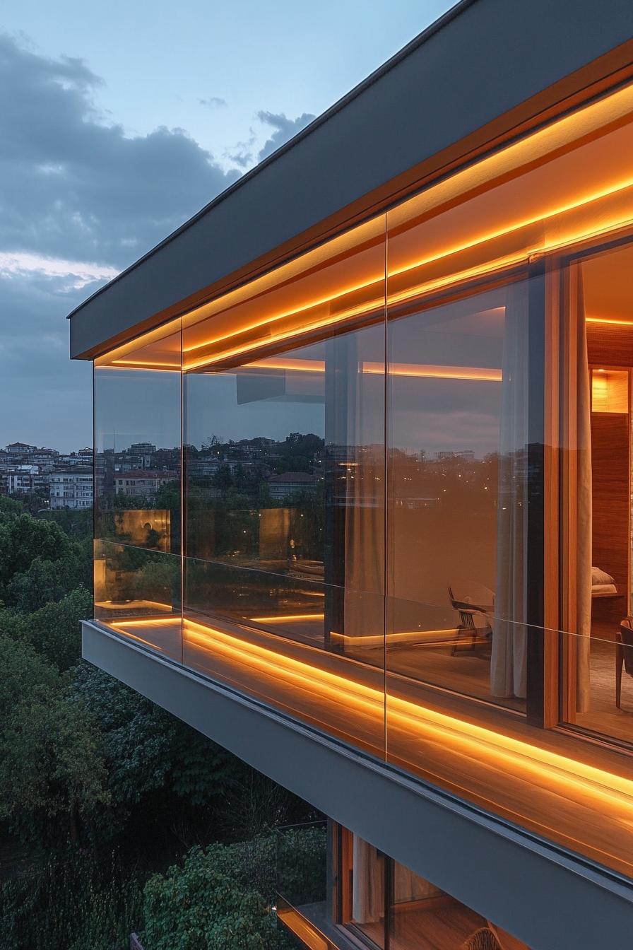 modern apartment small glass enclosed balcony with LED lighting 1