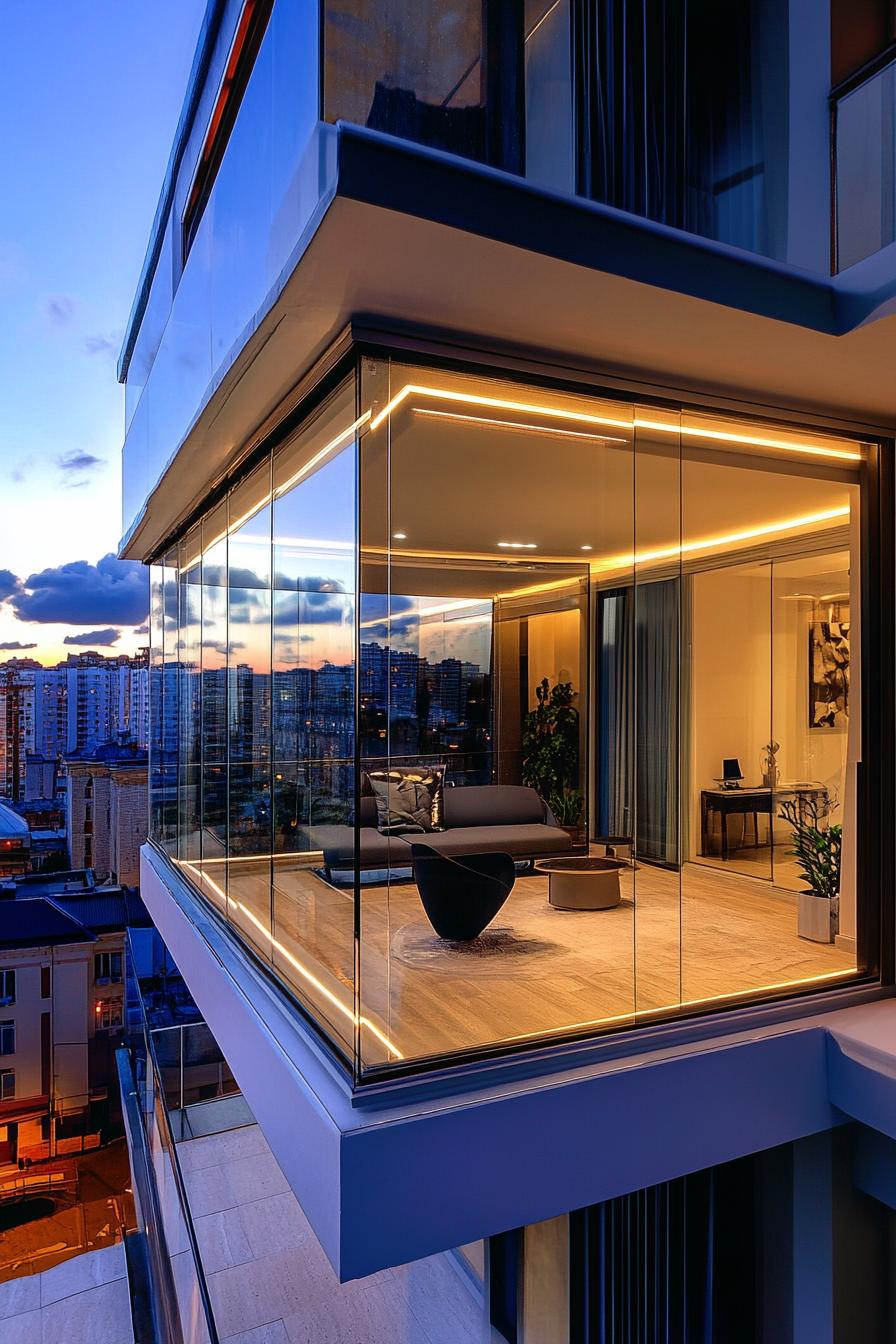 modern apartment small glass enclosed balcony with LED lighting 2